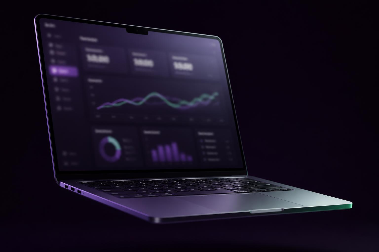 A marketing dashboard glowing on a laptop screen, its numbers deliberately out of focus