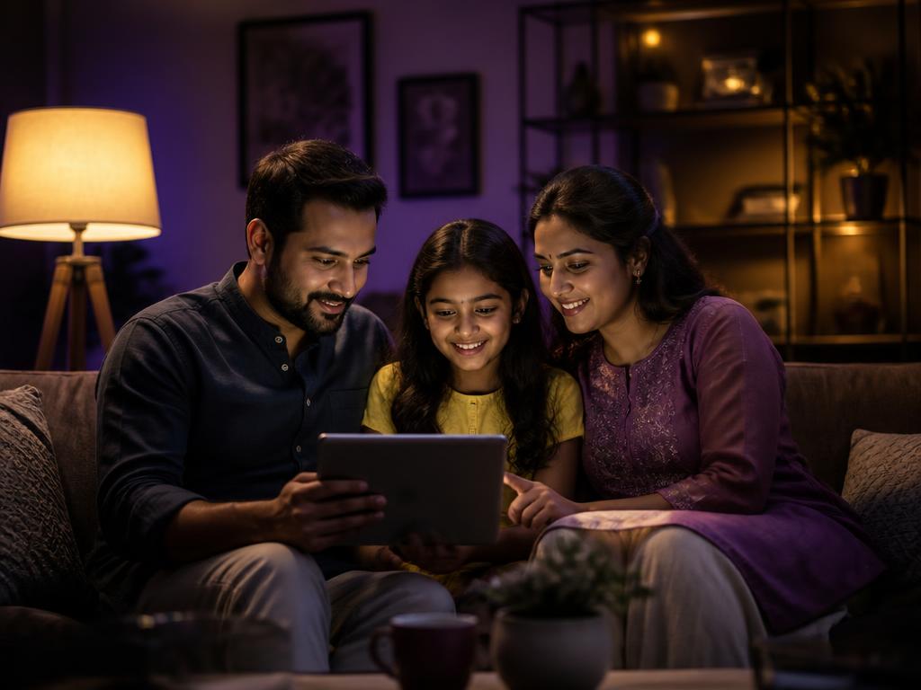 A family browsing a shopping app at home in the evening