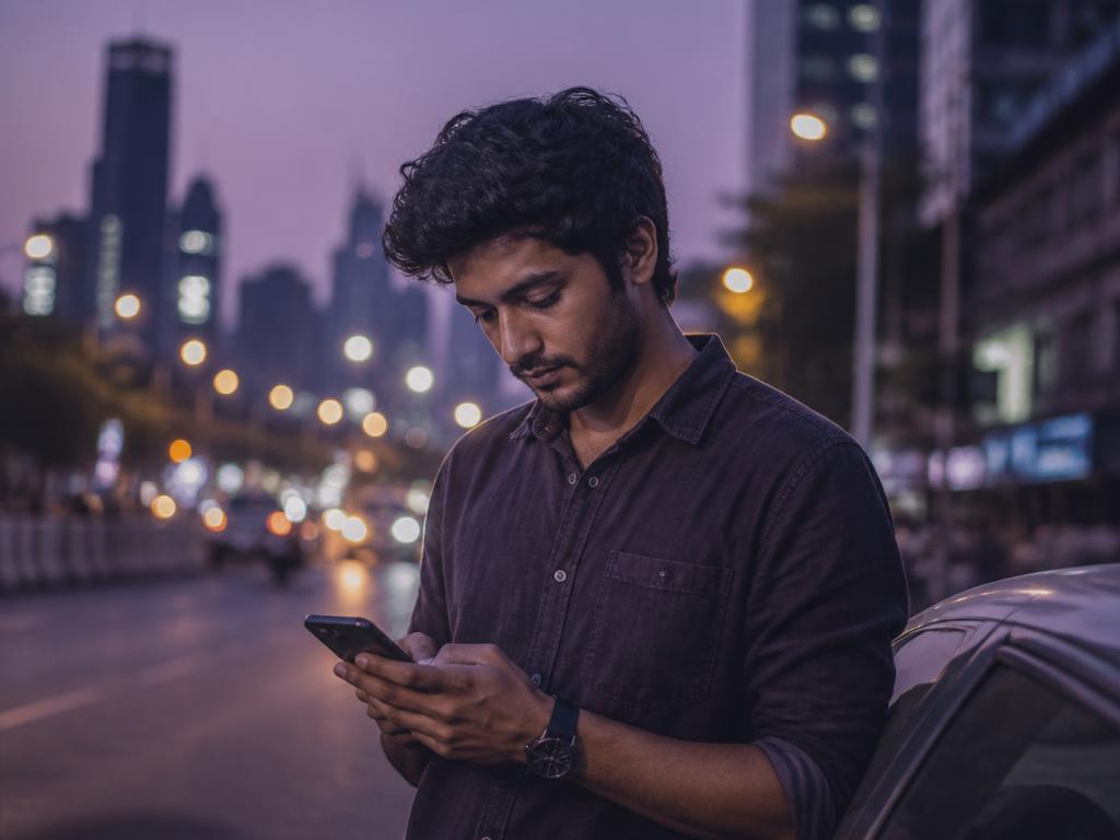 A young man absorbed in his phone on a city street at dusk
