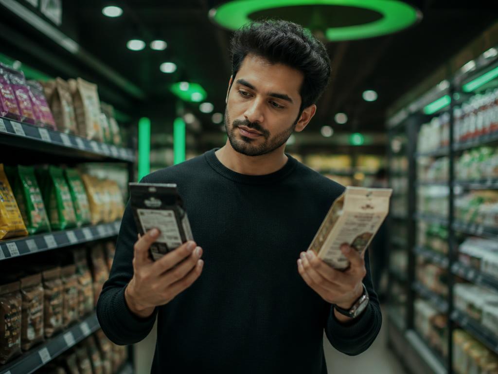 A shopper choosing between two products in store