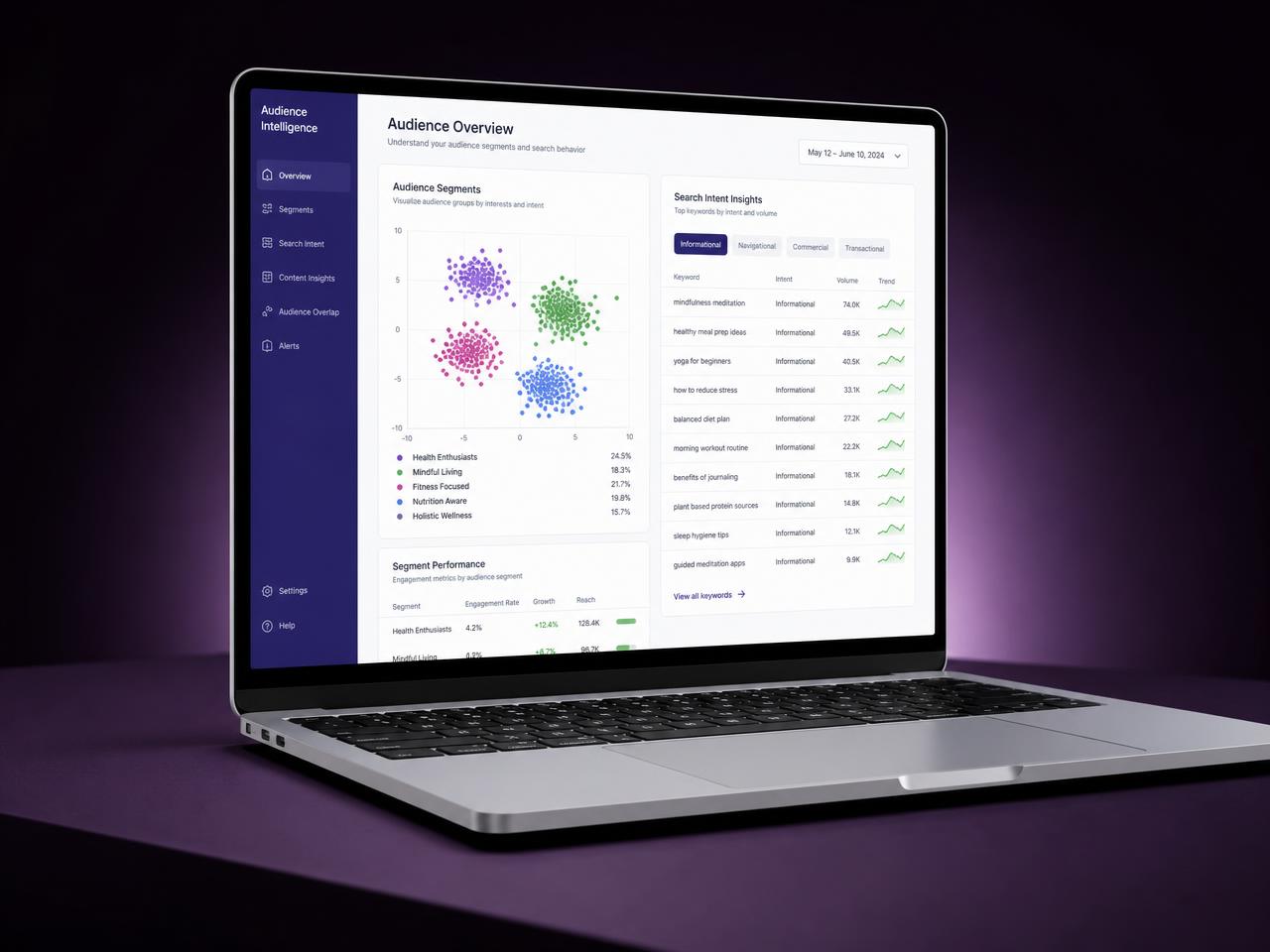 SonaGraph — Audience intelligence dashboard on a laptop